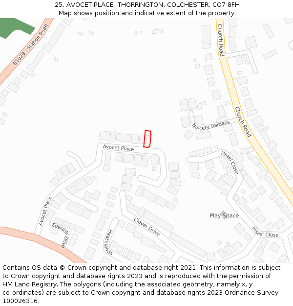 25, AVOCET PLACE, THORRINGTON, COLCHESTER, CO7 8FH: Location map and indicative extent of plot