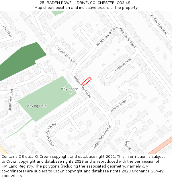 25, BADEN POWELL DRIVE, COLCHESTER, CO3 4SL: Location map and indicative extent of plot