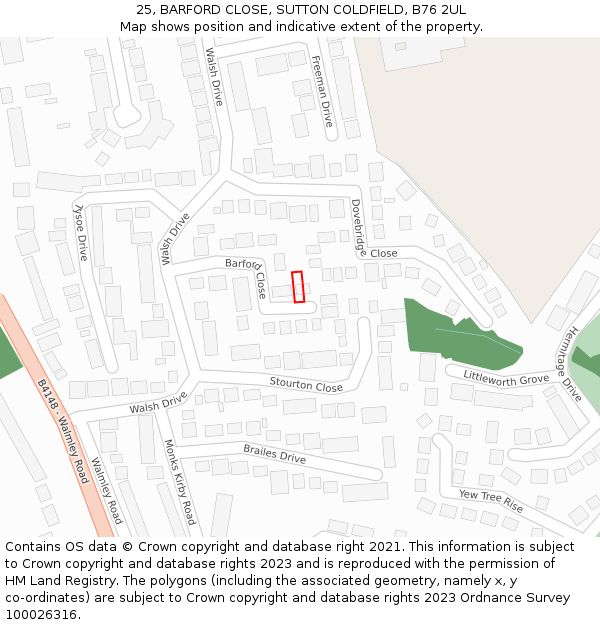 25, BARFORD CLOSE, SUTTON COLDFIELD, B76 2UL: Location map and indicative extent of plot