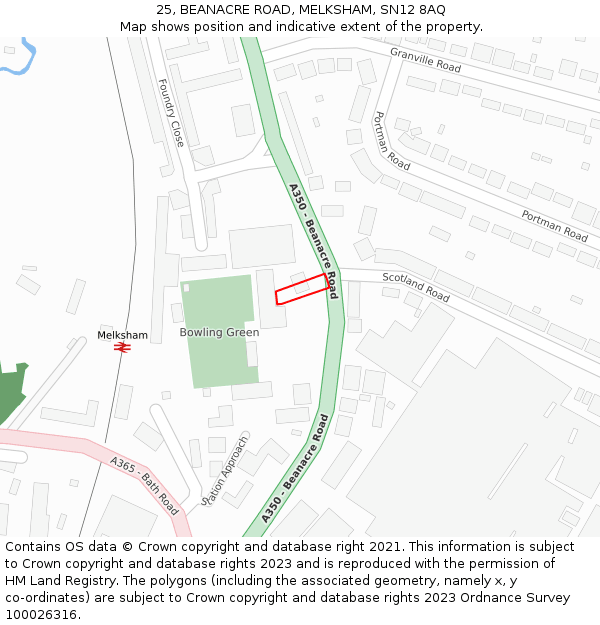 25, BEANACRE ROAD, MELKSHAM, SN12 8AQ: Location map and indicative extent of plot