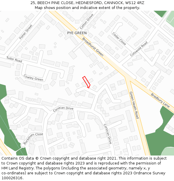 25, BEECH PINE CLOSE, HEDNESFORD, CANNOCK, WS12 4RZ: Location map and indicative extent of plot