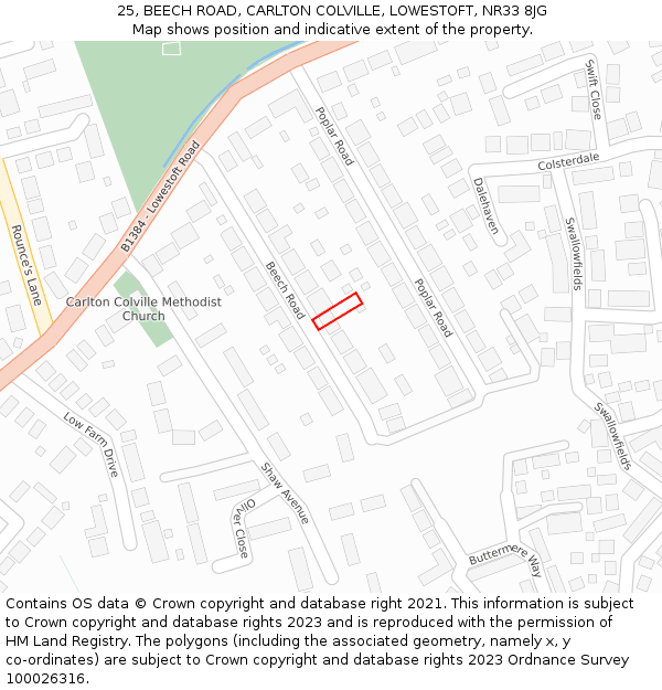 25, BEECH ROAD, CARLTON COLVILLE, LOWESTOFT, NR33 8JG: Location map and indicative extent of plot