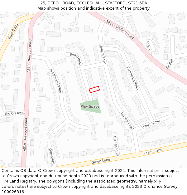 25, BEECH ROAD, ECCLESHALL, STAFFORD, ST21 6EA: Location map and indicative extent of plot