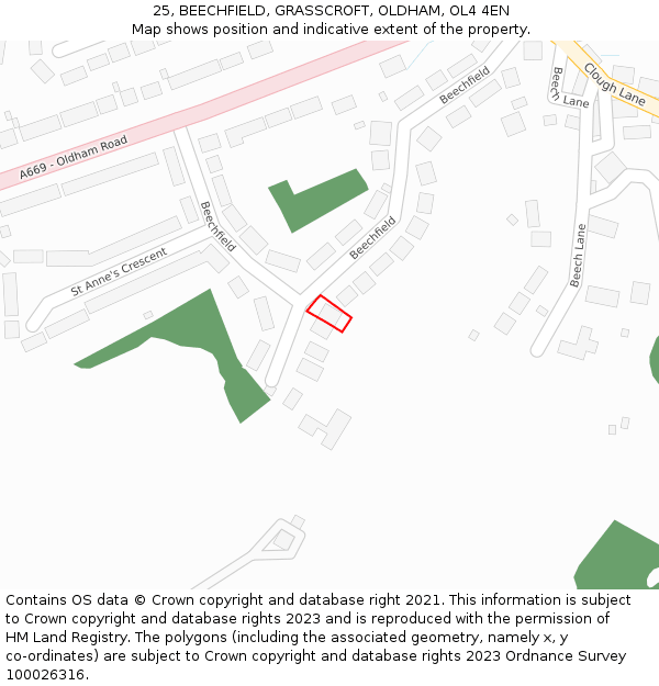 25, BEECHFIELD, GRASSCROFT, OLDHAM, OL4 4EN: Location map and indicative extent of plot