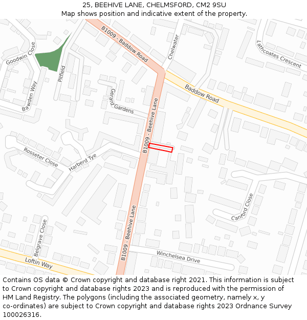 25, BEEHIVE LANE, CHELMSFORD, CM2 9SU: Location map and indicative extent of plot