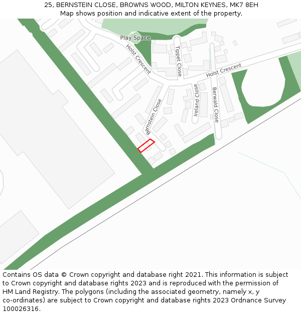 25, BERNSTEIN CLOSE, BROWNS WOOD, MILTON KEYNES, MK7 8EH: Location map and indicative extent of plot