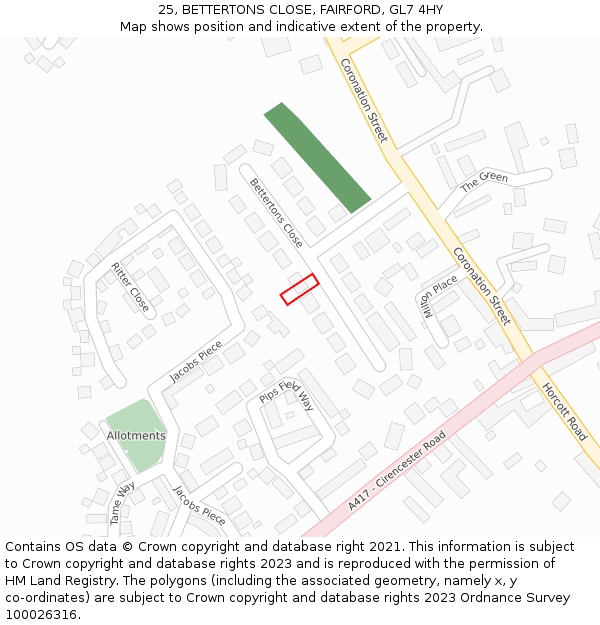 25, BETTERTONS CLOSE, FAIRFORD, GL7 4HY: Location map and indicative extent of plot