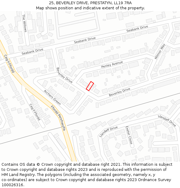 25, BEVERLEY DRIVE, PRESTATYN, LL19 7RA: Location map and indicative extent of plot