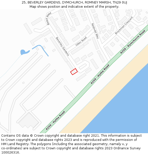 25, BEVERLEY GARDENS, DYMCHURCH, ROMNEY MARSH, TN29 0UJ: Location map and indicative extent of plot