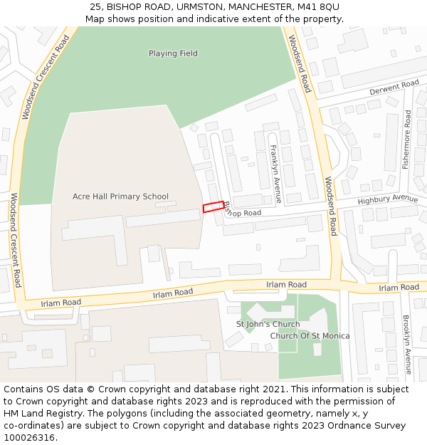 25, BISHOP ROAD, URMSTON, MANCHESTER, M41 8QU: Location map and indicative extent of plot