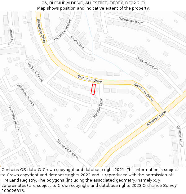 25, BLENHEIM DRIVE, ALLESTREE, DERBY, DE22 2LD: Location map and indicative extent of plot