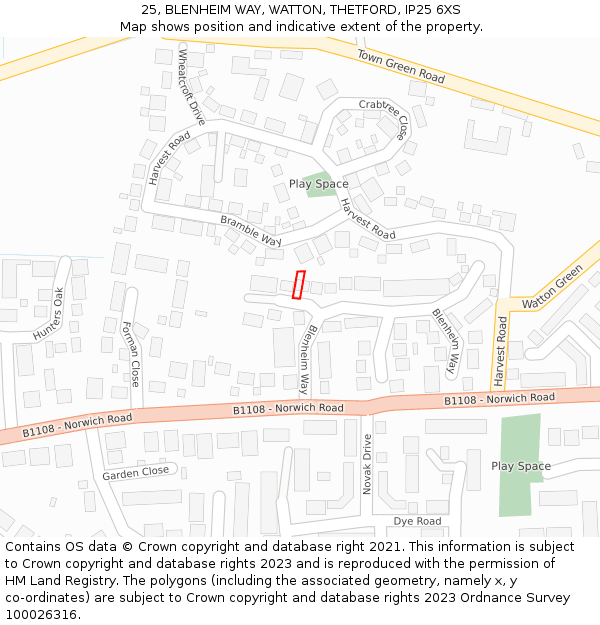 25, BLENHEIM WAY, WATTON, THETFORD, IP25 6XS: Location map and indicative extent of plot