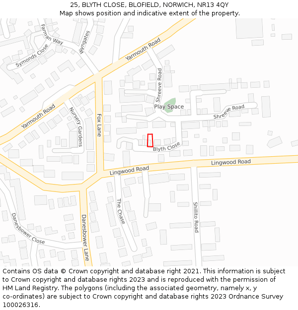 25, BLYTH CLOSE, BLOFIELD, NORWICH, NR13 4QY: Location map and indicative extent of plot