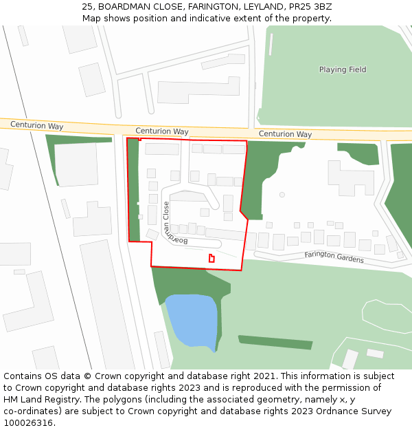 25, BOARDMAN CLOSE, FARINGTON, LEYLAND, PR25 3BZ: Location map and indicative extent of plot