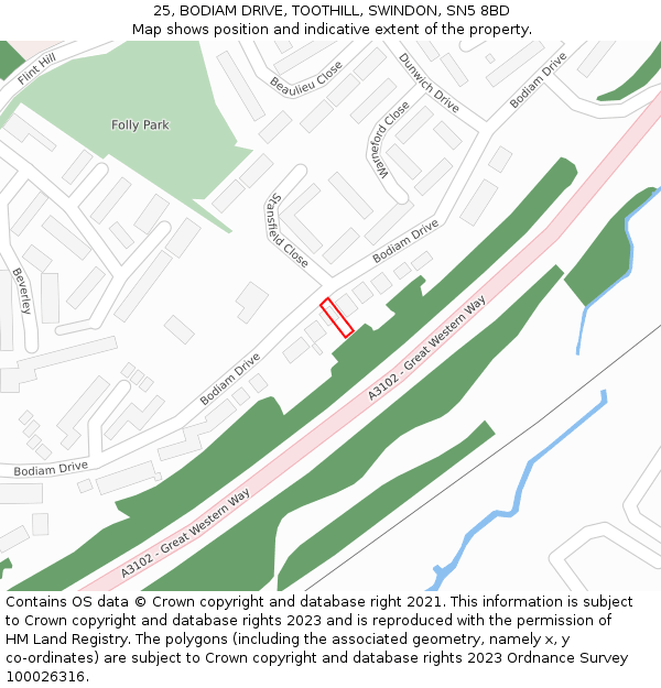 25, BODIAM DRIVE, TOOTHILL, SWINDON, SN5 8BD: Location map and indicative extent of plot