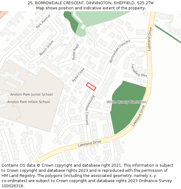 25, BORROWDALE CRESCENT, DINNINGTON, SHEFFIELD, S25 2TW: Location map and indicative extent of plot