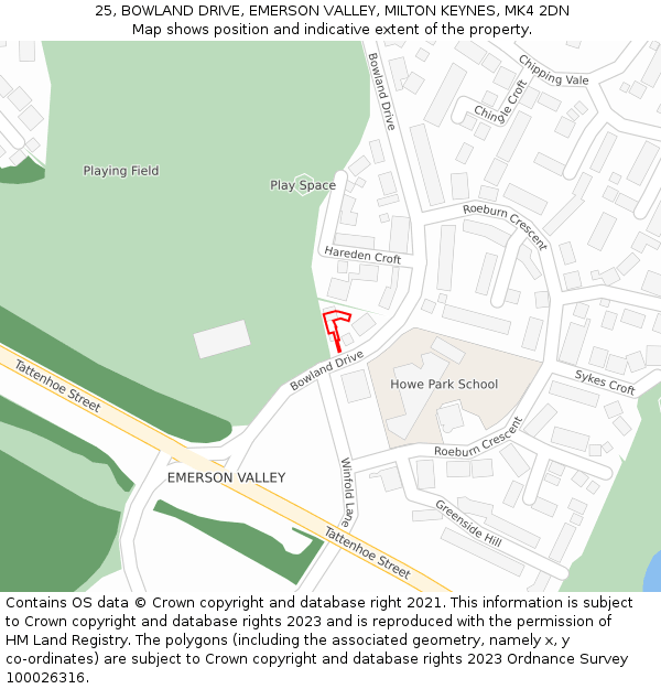 25, BOWLAND DRIVE, EMERSON VALLEY, MILTON KEYNES, MK4 2DN: Location map and indicative extent of plot