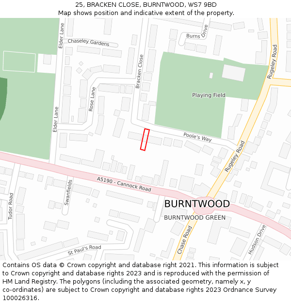 25, BRACKEN CLOSE, BURNTWOOD, WS7 9BD: Location map and indicative extent of plot