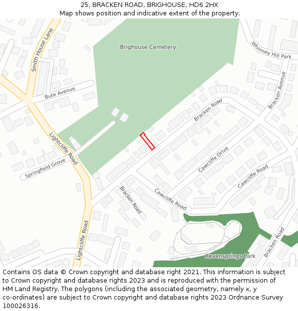 25, BRACKEN ROAD, BRIGHOUSE, HD6 2HX: Location map and indicative extent of plot