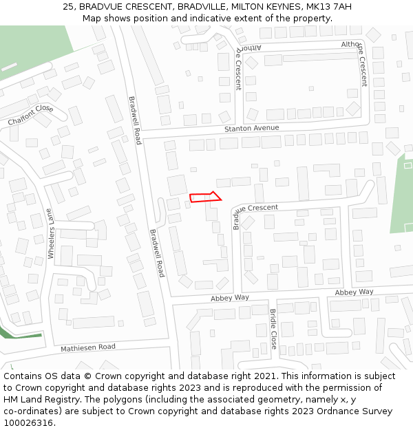 25, BRADVUE CRESCENT, BRADVILLE, MILTON KEYNES, MK13 7AH: Location map and indicative extent of plot