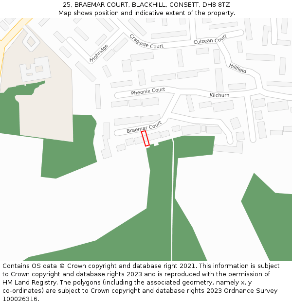 25, BRAEMAR COURT, BLACKHILL, CONSETT, DH8 8TZ: Location map and indicative extent of plot