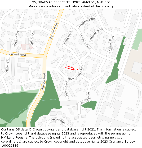 25, BRAEMAR CRESCENT, NORTHAMPTON, NN4 0FG: Location map and indicative extent of plot