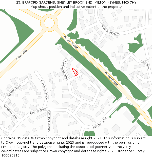 25, BRAFORD GARDENS, SHENLEY BROOK END, MILTON KEYNES, MK5 7HY: Location map and indicative extent of plot