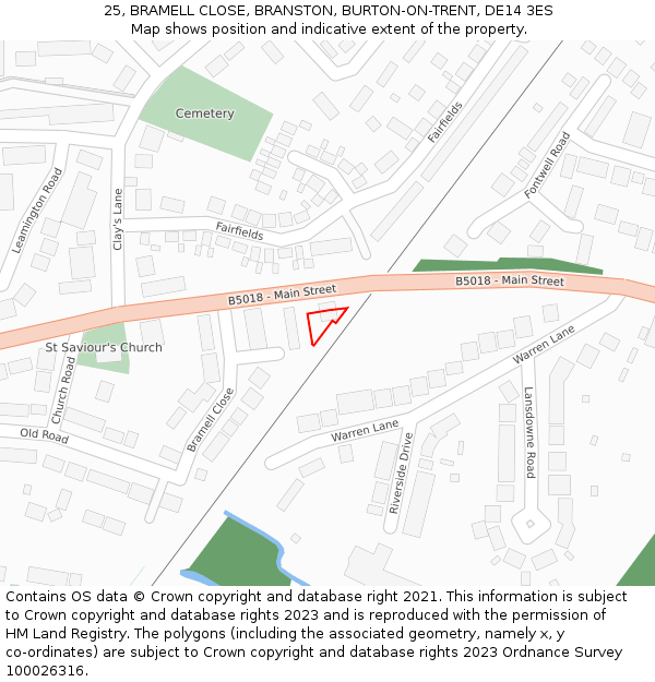 25, BRAMELL CLOSE, BRANSTON, BURTON-ON-TRENT, DE14 3ES: Location map and indicative extent of plot