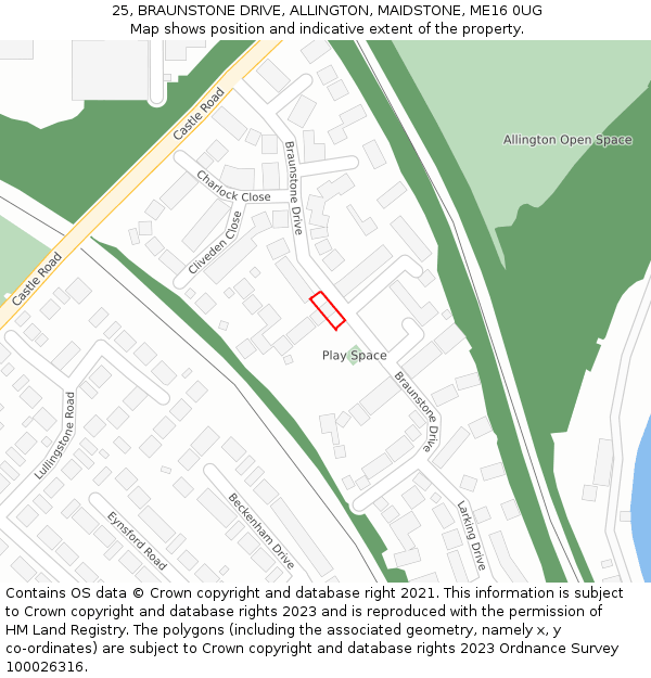 25, BRAUNSTONE DRIVE, ALLINGTON, MAIDSTONE, ME16 0UG: Location map and indicative extent of plot