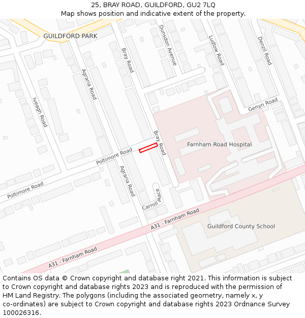 25, BRAY ROAD, GUILDFORD, GU2 7LQ: Location map and indicative extent of plot