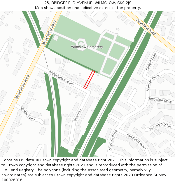 25, BRIDGEFIELD AVENUE, WILMSLOW, SK9 2JS: Location map and indicative extent of plot