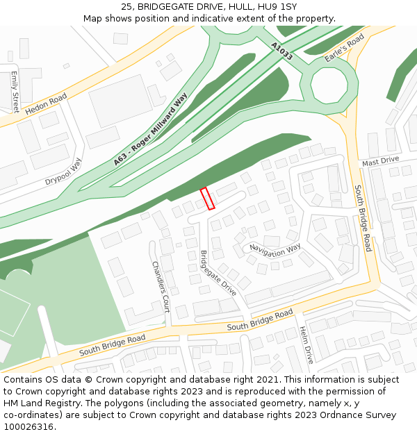 25, BRIDGEGATE DRIVE, HULL, HU9 1SY: Location map and indicative extent of plot