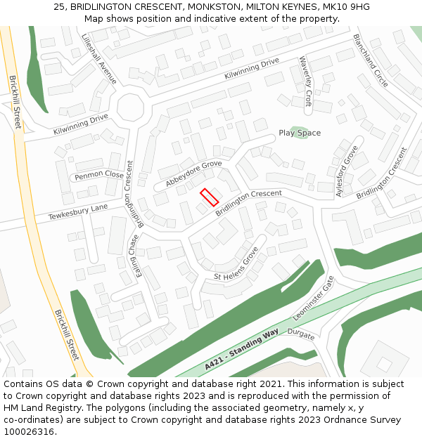 25, BRIDLINGTON CRESCENT, MONKSTON, MILTON KEYNES, MK10 9HG: Location map and indicative extent of plot