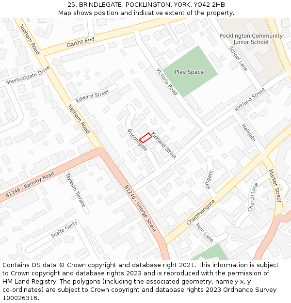 25, BRINDLEGATE, POCKLINGTON, YORK, YO42 2HB: Location map and indicative extent of plot