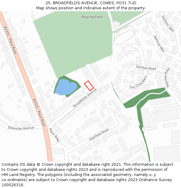 25, BROADFIELDS AVENUE, COWES, PO31 7UD: Location map and indicative extent of plot