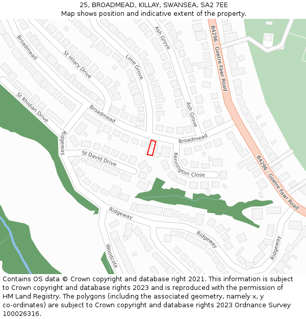 25, BROADMEAD, KILLAY, SWANSEA, SA2 7EE: Location map and indicative extent of plot