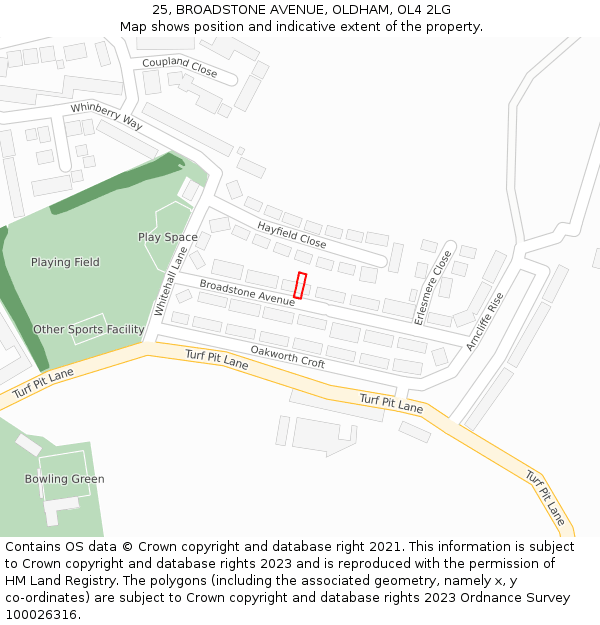25, BROADSTONE AVENUE, OLDHAM, OL4 2LG: Location map and indicative extent of plot