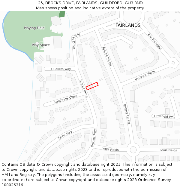 25, BROCKS DRIVE, FAIRLANDS, GUILDFORD, GU3 3ND: Location map and indicative extent of plot