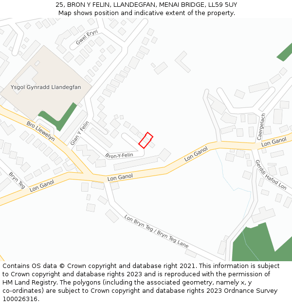 25, BRON Y FELIN, LLANDEGFAN, MENAI BRIDGE, LL59 5UY: Location map and indicative extent of plot