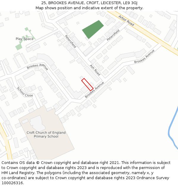 25, BROOKES AVENUE, CROFT, LEICESTER, LE9 3GJ: Location map and indicative extent of plot