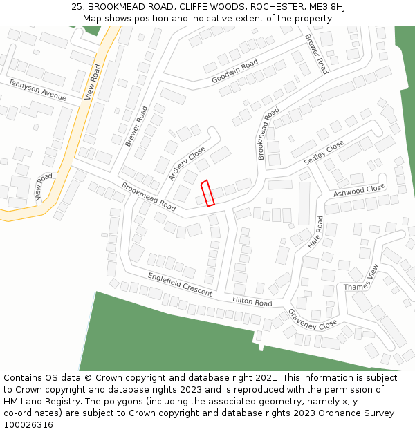 25, BROOKMEAD ROAD, CLIFFE WOODS, ROCHESTER, ME3 8HJ: Location map and indicative extent of plot