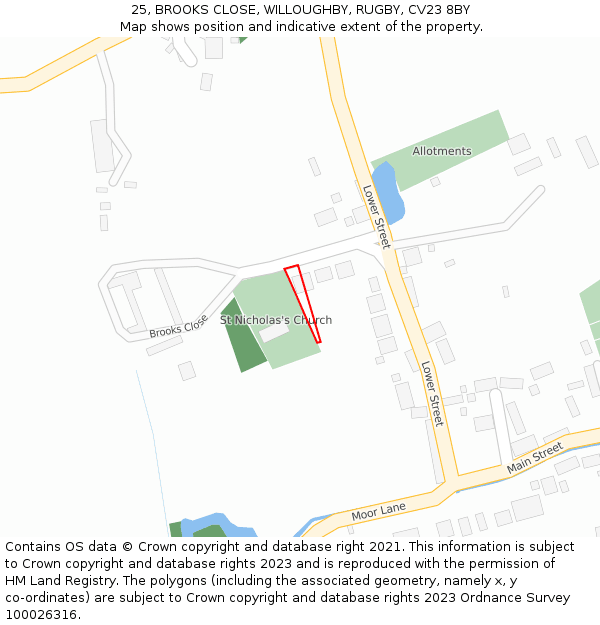 25, BROOKS CLOSE, WILLOUGHBY, RUGBY, CV23 8BY: Location map and indicative extent of plot