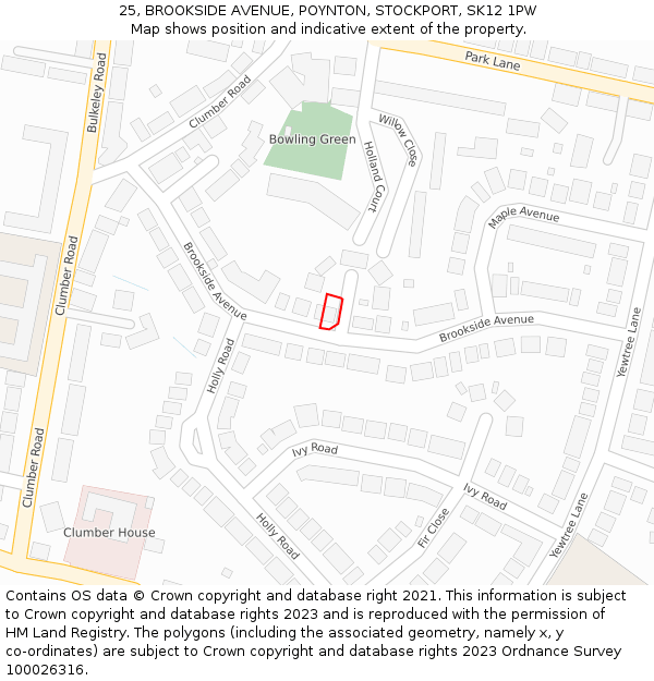 25, BROOKSIDE AVENUE, POYNTON, STOCKPORT, SK12 1PW: Location map and indicative extent of plot
