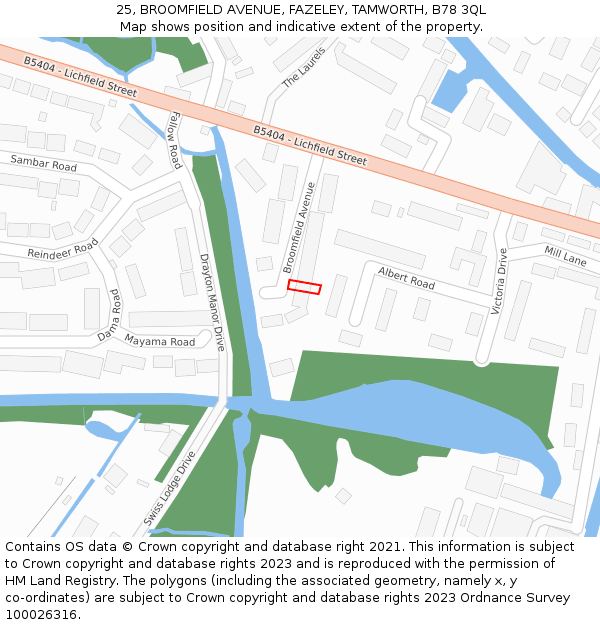 25, BROOMFIELD AVENUE, FAZELEY, TAMWORTH, B78 3QL: Location map and indicative extent of plot