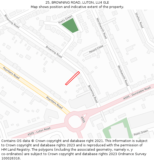 25, BROWNING ROAD, LUTON, LU4 0LE: Location map and indicative extent of plot