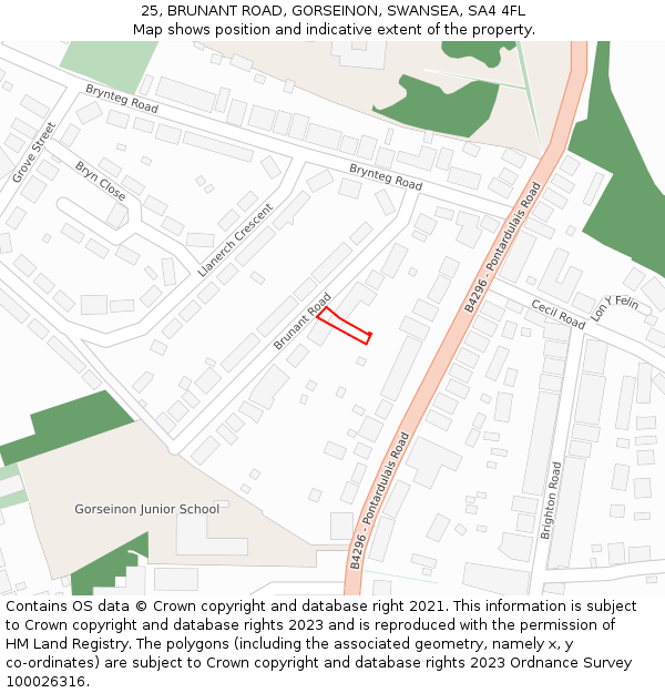 25, BRUNANT ROAD, GORSEINON, SWANSEA, SA4 4FL: Location map and indicative extent of plot