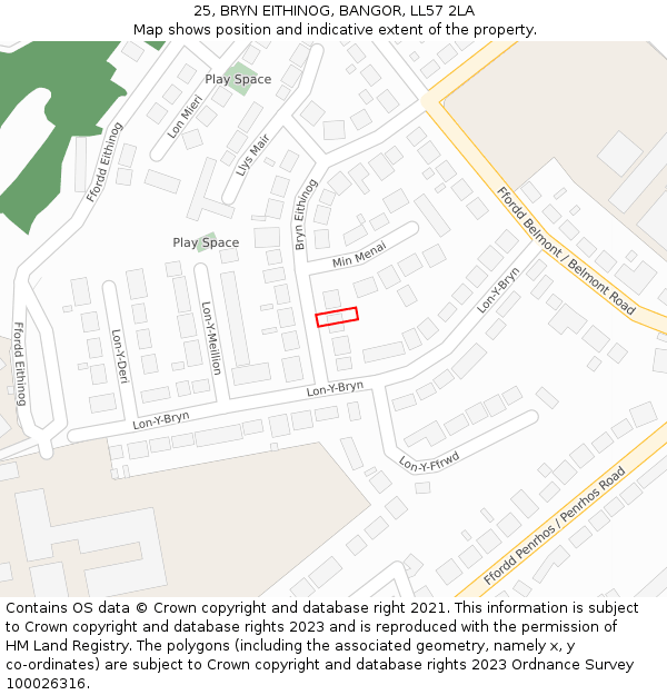 25, BRYN EITHINOG, BANGOR, LL57 2LA: Location map and indicative extent of plot