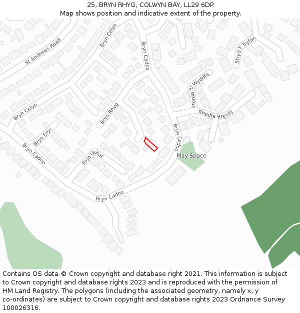 25, BRYN RHYG, COLWYN BAY, LL29 6DP: Location map and indicative extent of plot