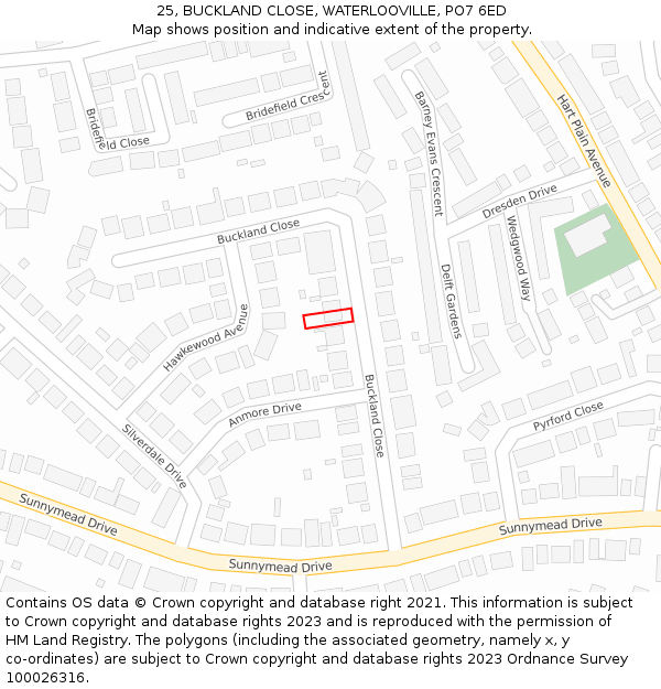 25, BUCKLAND CLOSE, WATERLOOVILLE, PO7 6ED: Location map and indicative extent of plot