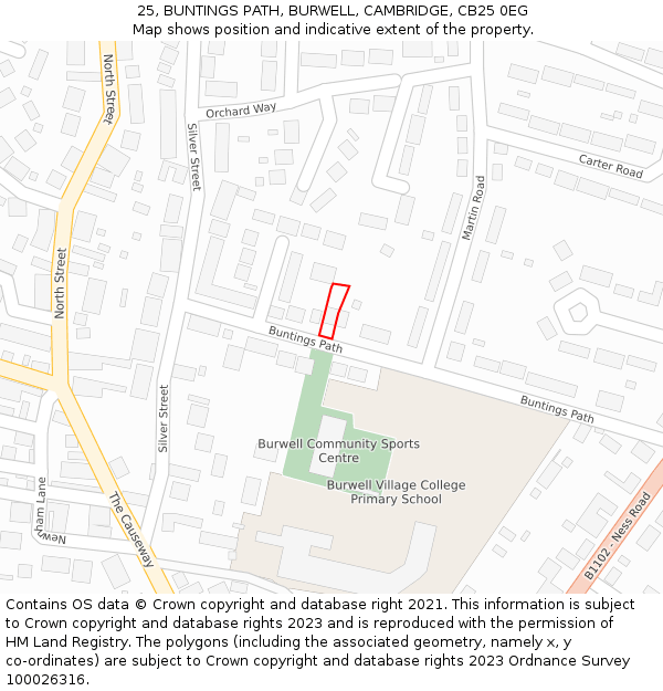 25, BUNTINGS PATH, BURWELL, CAMBRIDGE, CB25 0EG: Location map and indicative extent of plot